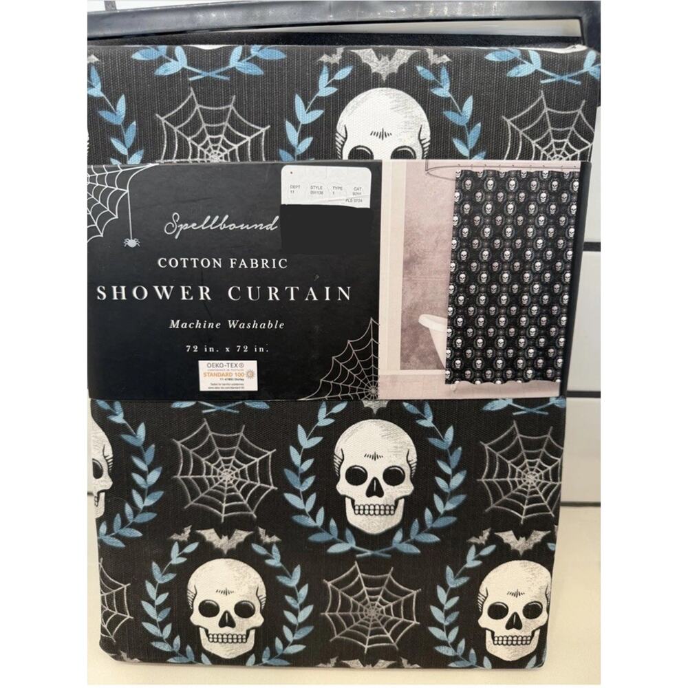 Spellbound Printed Cotton shower Curtain Halloween 72x72 Skull Spider Web NEW!